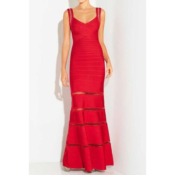 Herve Leger By Max Azria Cross‎ Front Bondage Dress Size XXS Red Maxi - Picture 1 of 11